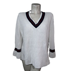 Cabi 5639 Ace Pullover Tennis Off-White V-neck Sweater Women's Size L Preppy